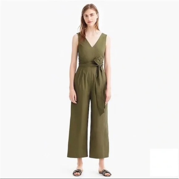J Crew Wrap-Tie Jumpsuit Stretch Cotton Poplin Wide Leg Crop Sz 0 Olive Green - Picture 1 of 14